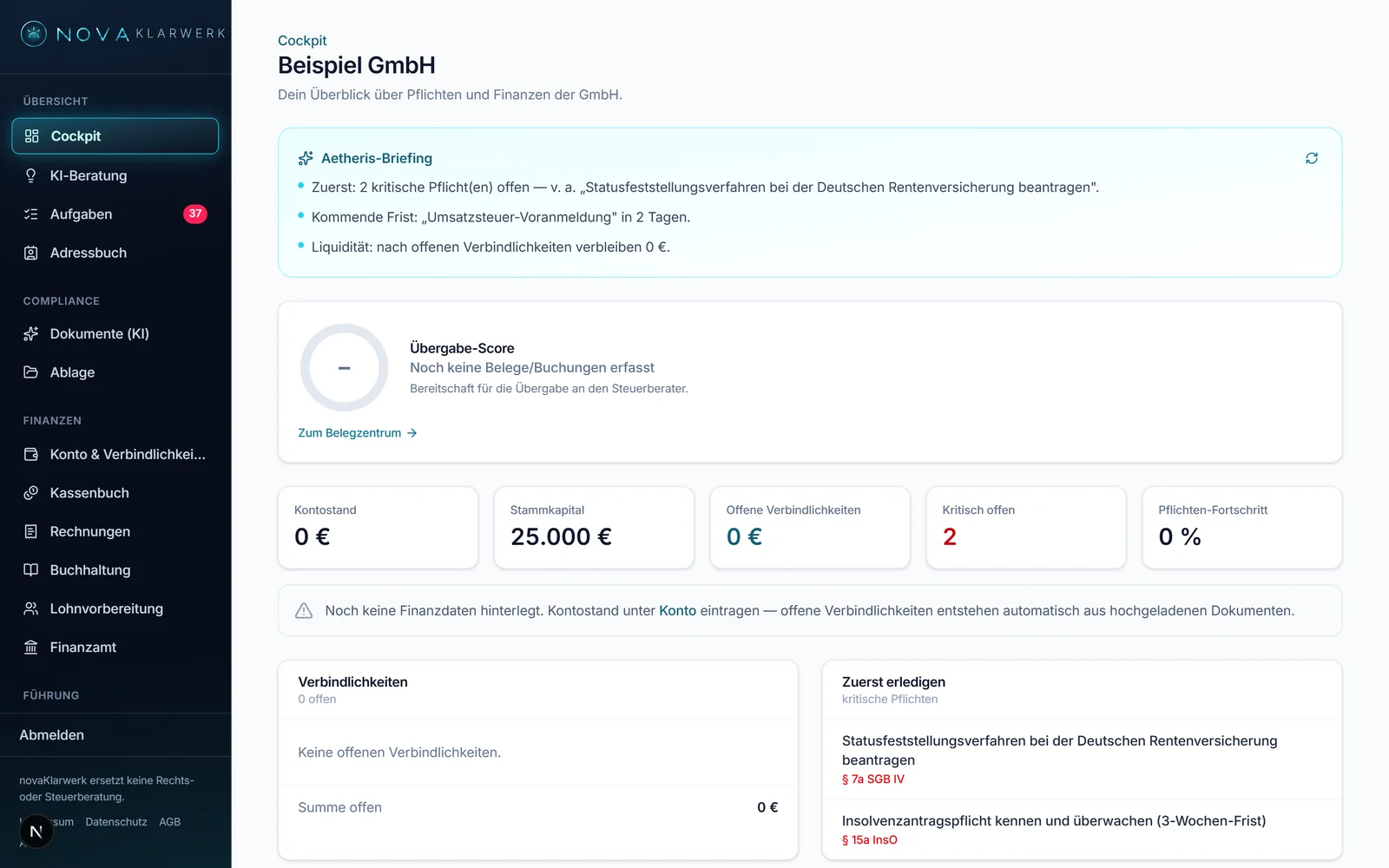 novaKlarwerk: Cockpit mit Briefing, Übergabe-Score, Kennzahlen und den zuerst zu erledigenden Pflichten