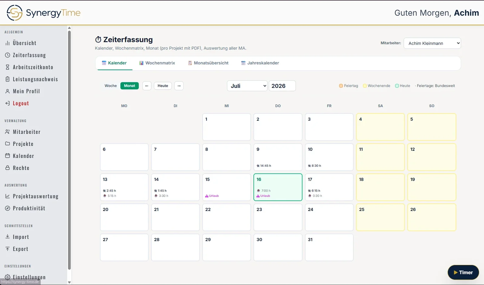 Synergy-Time: Monatskalender der Zeiterfassung mit erfassten Stunden, Urlaub und Feiertagen