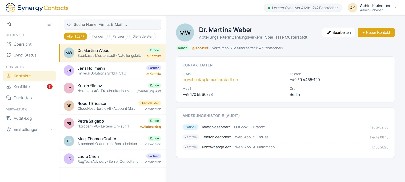SynergyContacts: zentrale Kontaktliste mit Sync-Status, Konflikten und Änderungshistorie je Kontakt